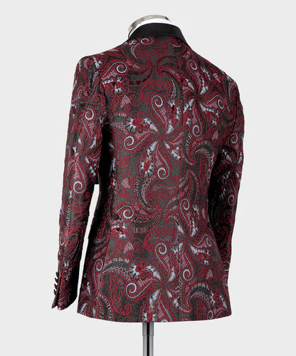 KOSS ATELIER floral rose black tuxedo jacket back view red paisley floral pattern with black collar