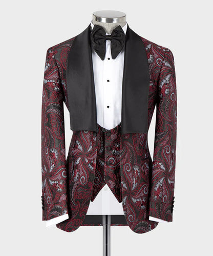 KOSS ATELIER floral rose black tuxedo jacket and vest burgundy paisley pattern with black satin shawl lapel and bow tie