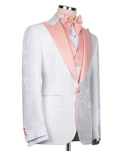 KOSS ATELIER white textured tuxedo for men with pink satin shawl lapel matching bow tie and vest