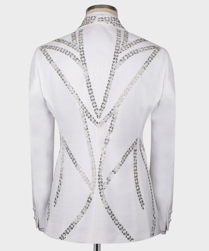 KOSS ATELIER white tuxedo jacket back with silver sequin geometric embellishments handmade tuxedo for men
