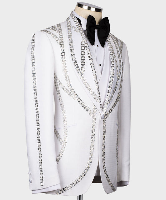 KOSS ATELIER white jacket with silver embroidered trim and black bow tie handmade tuxedo for men on mannequin