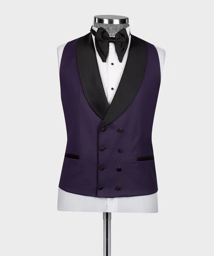 KOSS ATELIER black and purple tuxedo double breasted waistcoat with black shawl lapel bow tie on mannequin