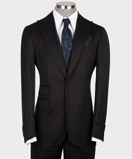 KOSS ATELIER black and red pinstripe suit on mannequin with white dress shirt and blue patterned tie