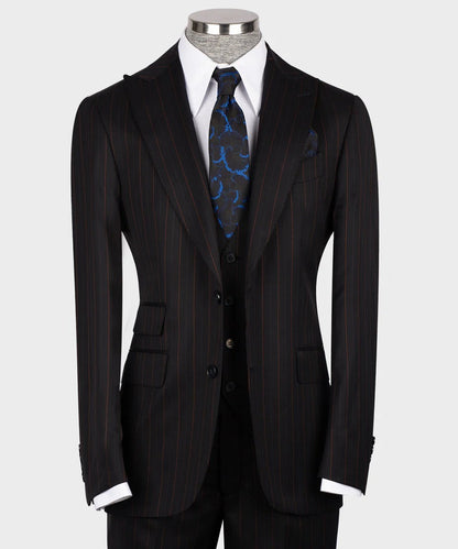 KOSS ATELIER black and red pinstripe suit three piece tailored jacket and vest with white shirt and blue tie