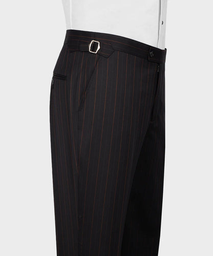 KOSS ATELIER black and red pinstripe suit tailored trousers with side buckle and zip pocket