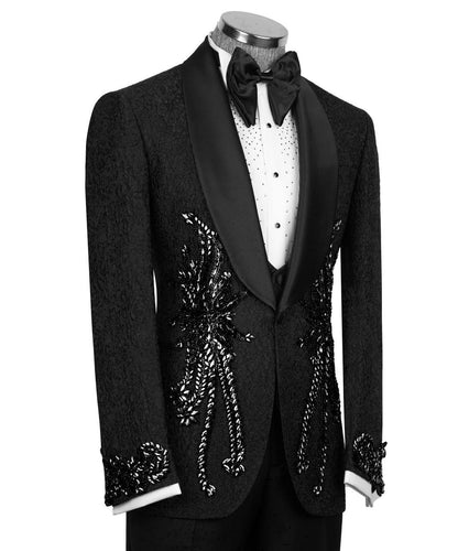 KOSS ATELIER black sequin tuxedo for men with satin shawl lapel ornate sequin embroidery and bow tie