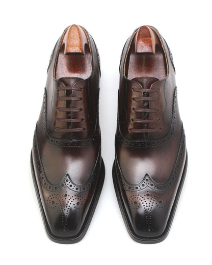 KOSS ATELIER polished leather dress shoes top view with wooden shoe trees chocolate brown wingtip shoes for men