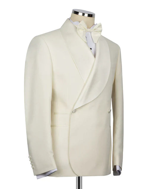 KOSS ATELIER cream double breasted tuxedo with shawl lapel and matching bow tie on mannequin