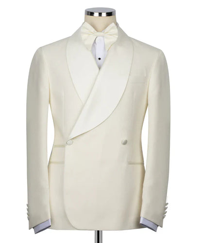 KOSS ATELIER cream double breasted tuxedo jacket with shawl lapel white bow tie formal eveningwear