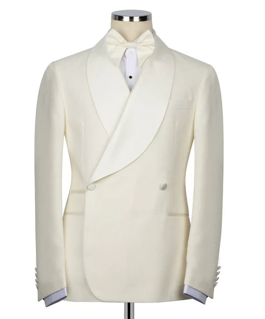 KOSS ATELIER cream double breasted tuxedo jacket with shawl lapel white bow tie formal eveningwear