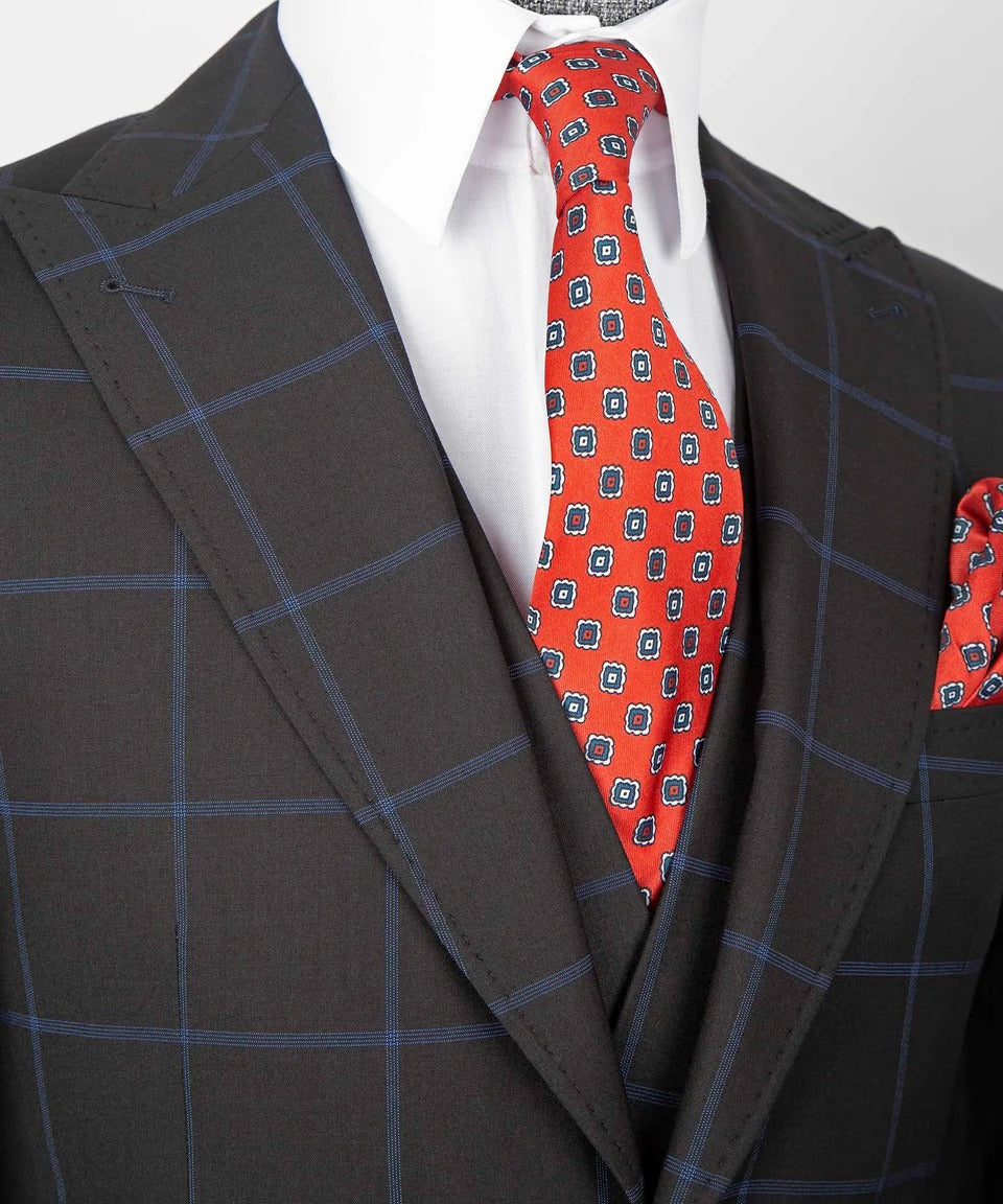 KOSS ATELIER dark blue three piece suit with blue windowpane pattern white shirt red patterned tie and pocket square