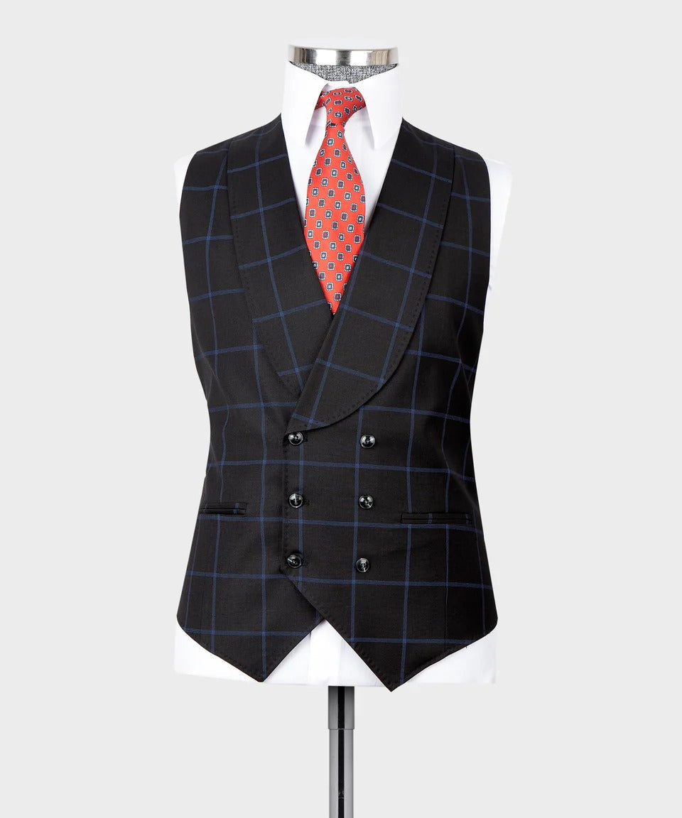 KOSS ATELIER dark blue three piece suit waistcoat on mannequin with white shirt and red tie