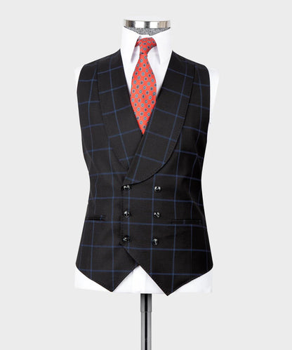 KOSS ATELIER dark blue three piece suit waistcoat on mannequin with white shirt and red tie
