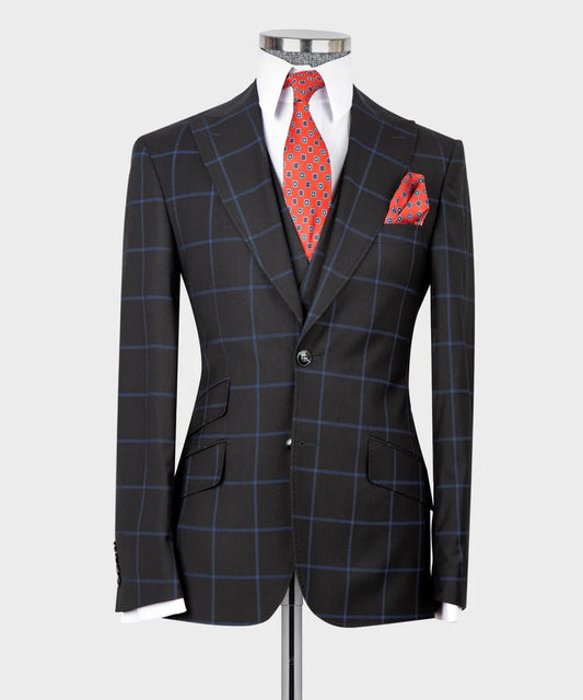 KOSS ATELIER dark blue three piece suit windowpane check jacket and vest with white shirt red tie and pocket square
