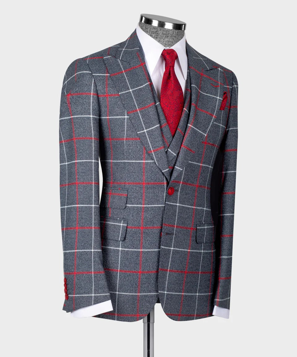KOSS ATELIER grey and red windowpane 3 piece suit on mannequin with white shirt red tie and pocket square