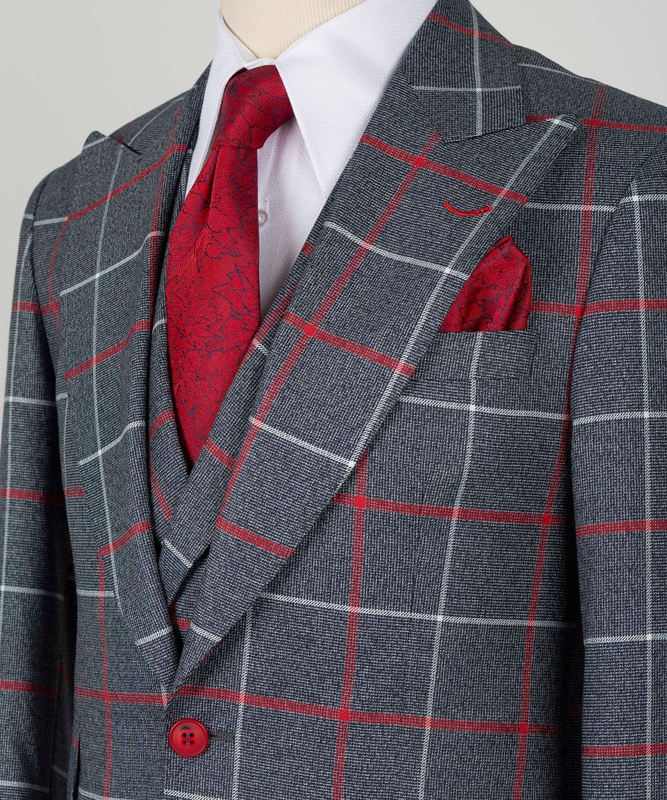 KOSS ATELIER grey and red windowpane 3 piece suit on mannequin with red tie and pocket square