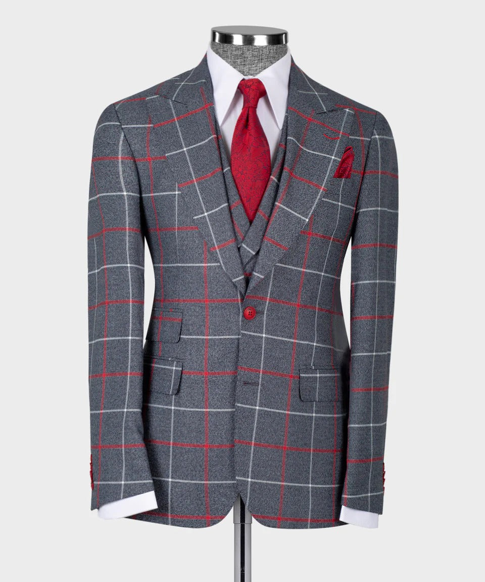 grey and red windowpane 3 piece suit by KOSS ATELIER on mannequin with red tie and pocket square