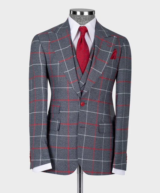 grey and red windowpane 3 piece suit by KOSS ATELIER on mannequin with red tie and pocket square