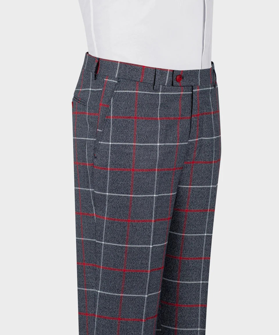 KOSS ATELIER grey and red windowpane 3 piece suit shown as tailored trousers on mannequin with white shirt