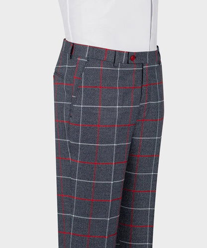 KOSS ATELIER grey and red windowpane 3 piece suit shown as tailored trousers on mannequin with white shirt