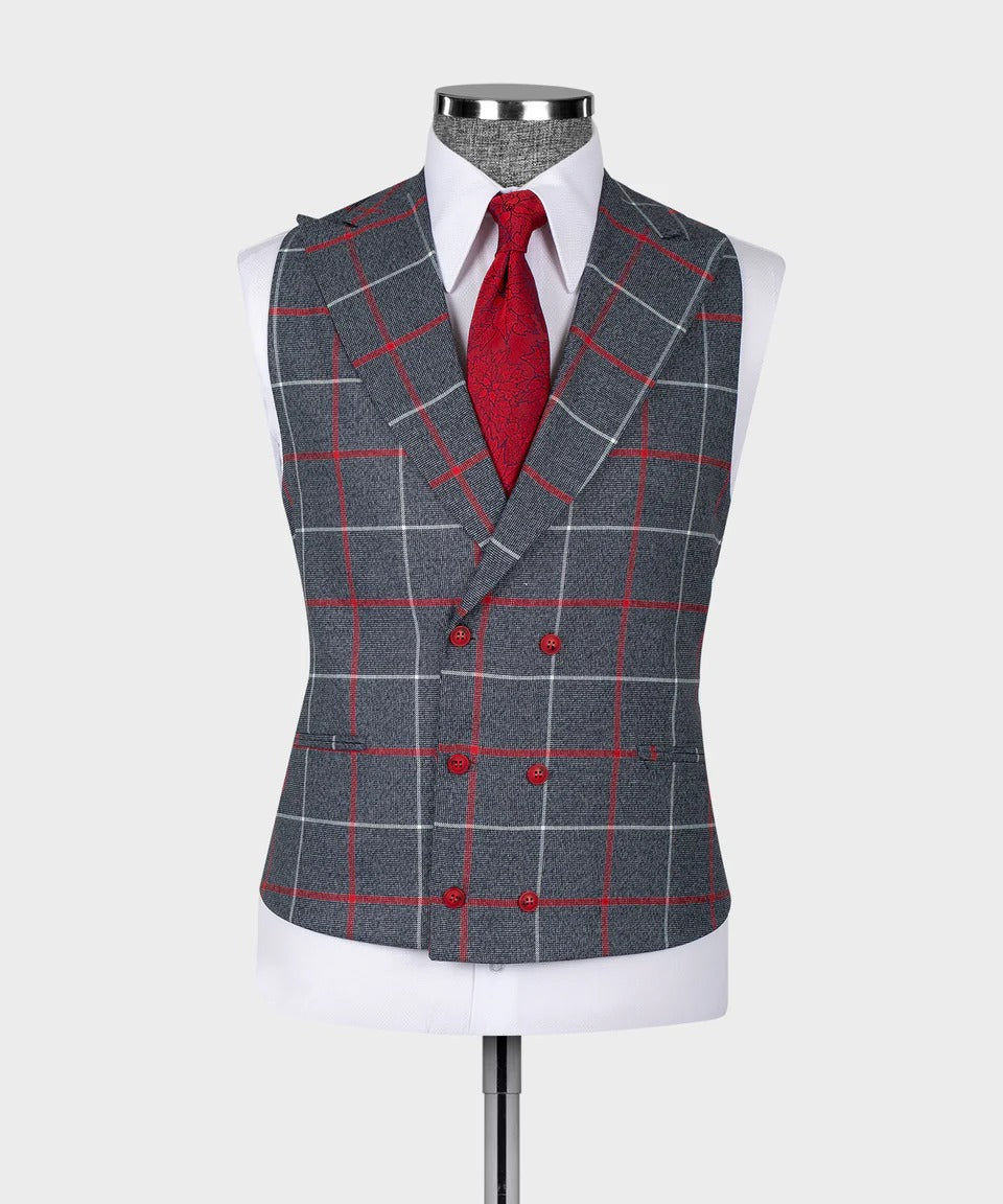 KOSS ATELIER grey and red windowpane 3 piece suit waistcoat on mannequin with white shirt and red tie