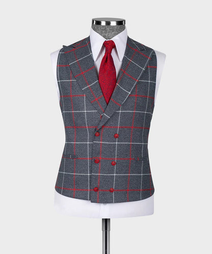 KOSS ATELIER grey and red windowpane 3 piece suit waistcoat on mannequin with white shirt and red tie