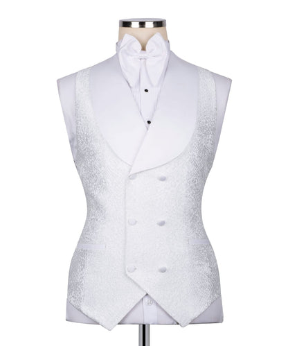 KOSS ATELIER white textured tuxedo for men double breasted vest with shawl lapel and bow tie