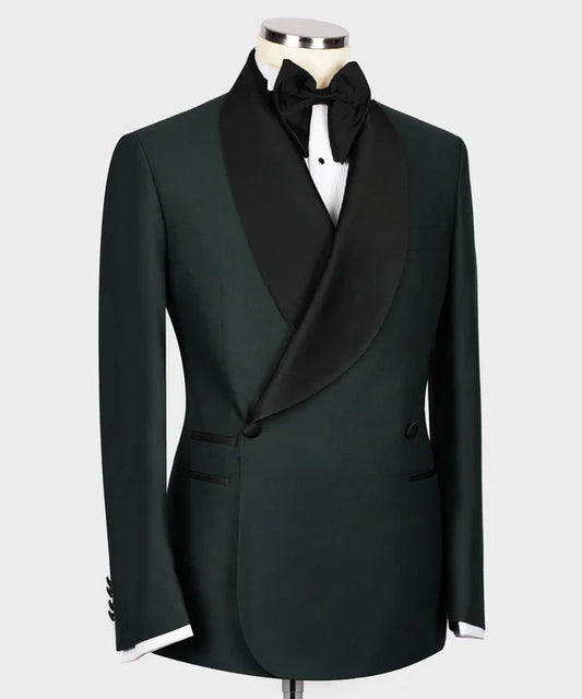 KOSS ATELIER black collar green double breasted tuxedo on mannequin with shawl lapel and bow tie