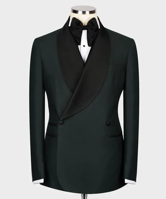KOSS ATELIER black collar green double breasted tuxedo on mannequin with satin shawl collar white shirt and black bow tie