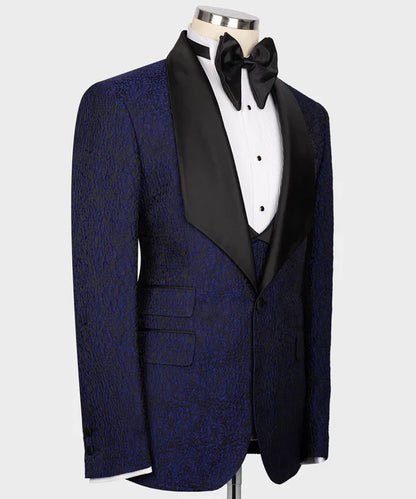 KOSS ATELIER navy blue embossed tuxedo jacket with black satin shawl lapel bow tie and white dress shirt