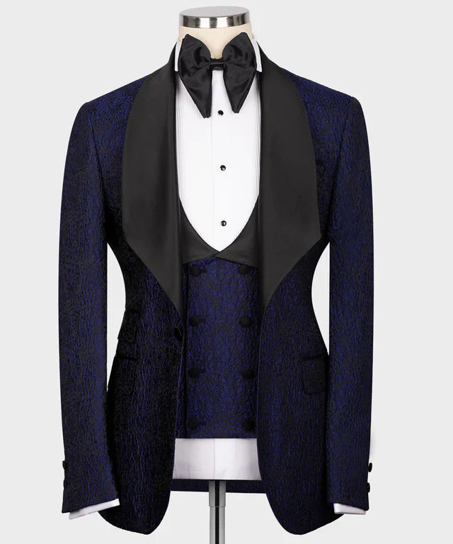 KOSS ATELIER navy blue embossed tuxedo jacket with black satin shawl lapel matching vest and bow tie on mannequin