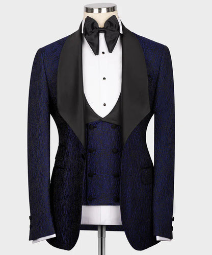KOSS ATELIER navy blue embossed tuxedo jacket with black satin shawl lapel matching vest and bow tie on mannequin