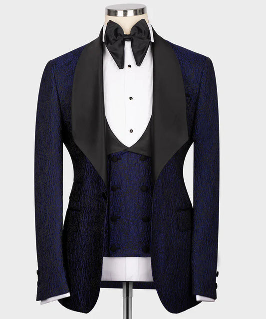 KOSS ATELIER navy blue embossed tuxedo jacket with black satin shawl lapel matching vest and bow tie on mannequin
