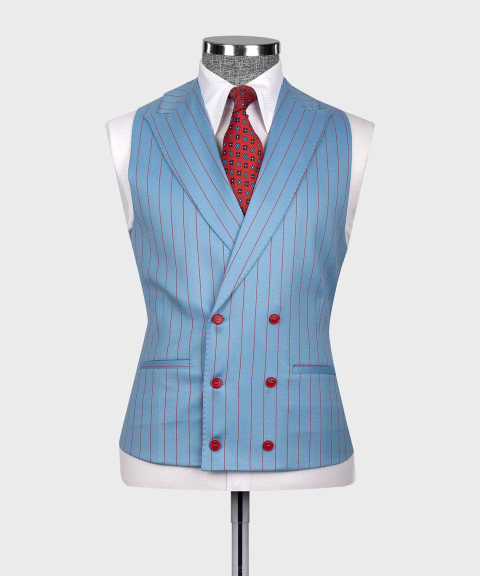 KOSS ATELIER blue pinstripe suit for men waistcoat in light blue with red pinstripes red buttons and patterned tie