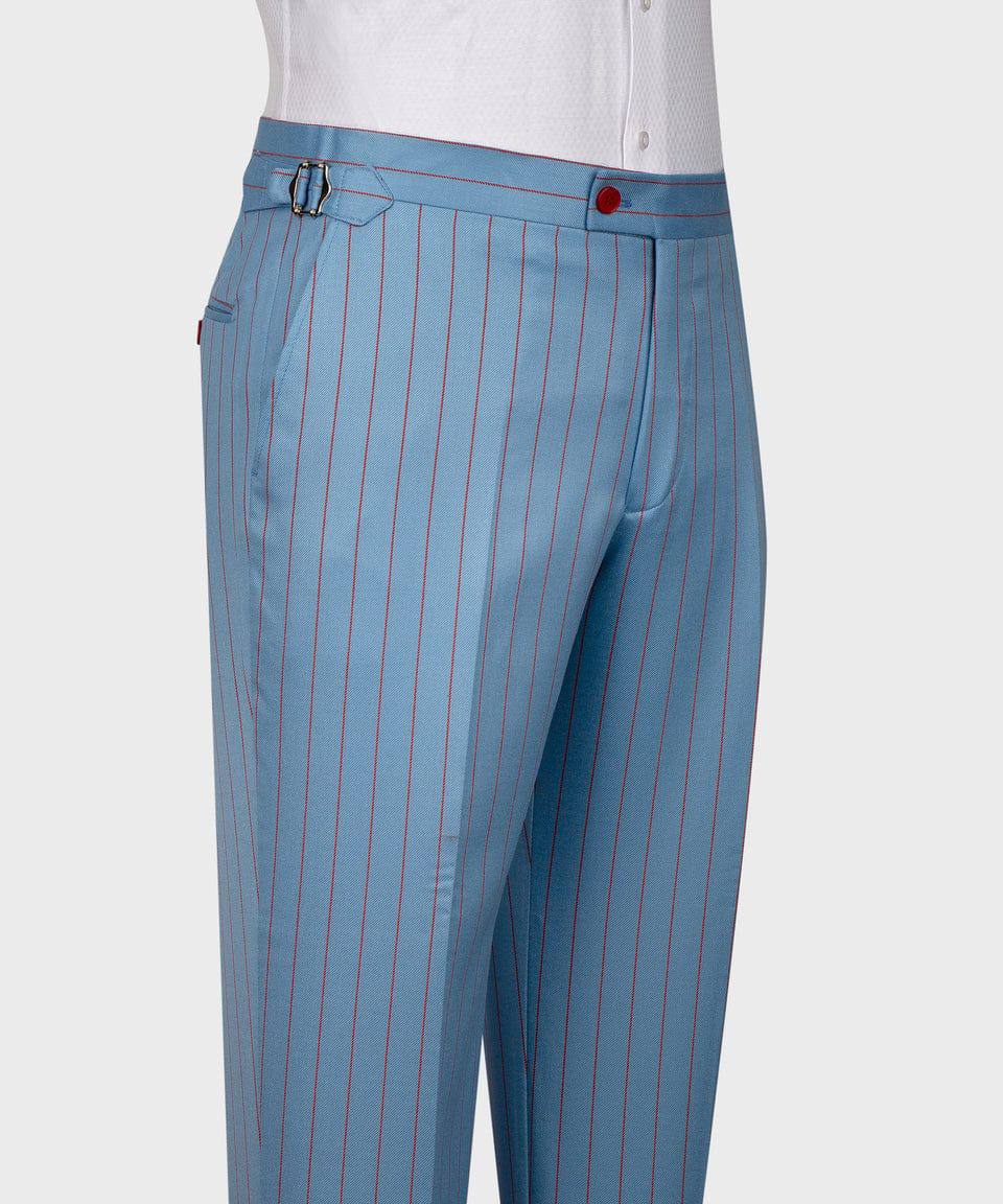 KOSS ATELIER blue pinstripe suit for men tailored trousers with red pinstripes side adjuster and red waist button