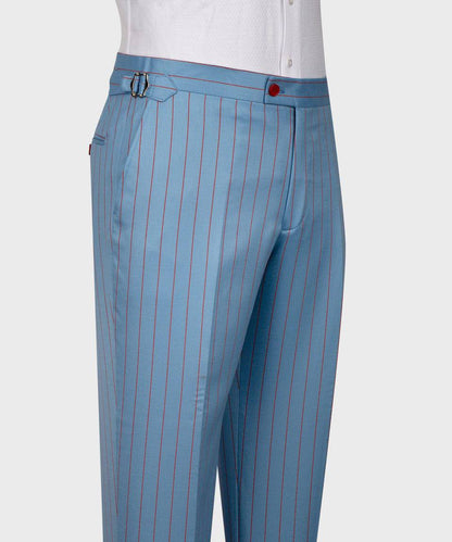 KOSS ATELIER blue pinstripe suit for men tailored trousers with red pinstripes side adjuster and red waist button