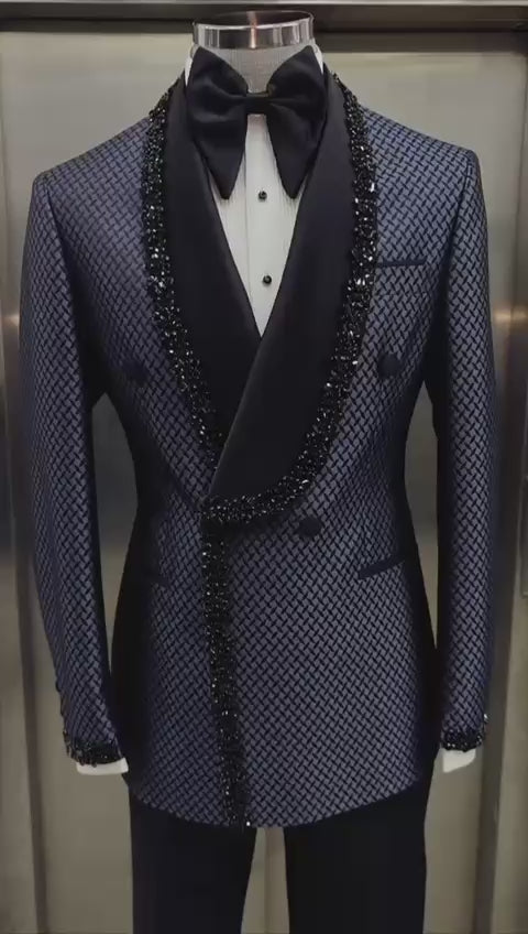 Navy Crystal Tuxedo with Black Shawl Lapel