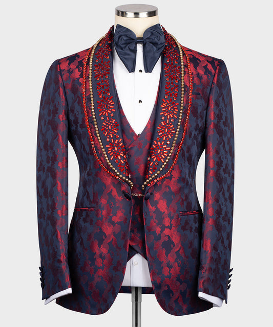 KOSS ATELIER handmade red leopard tuxedo with beaded shawl lapel navy bow tie and matching vest