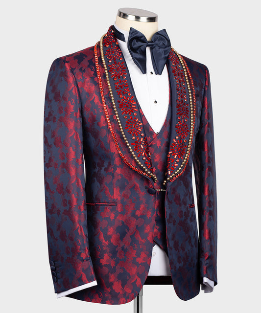 KOSS ATELIER handmade red leopard tuxedo with embellished beaded shawl lapel and navy bow tie on mannequin