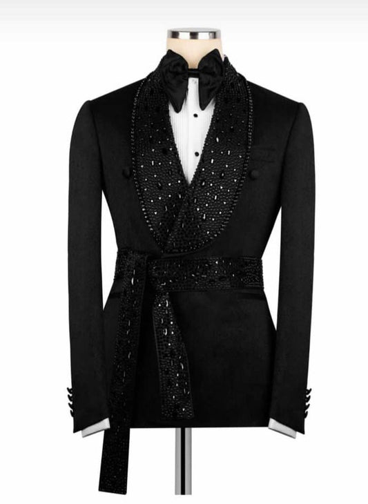KOSS ATELIER luxury black beaded tuxedo jacket with jeweled shawl lapel sash belt white shirt and bow tie