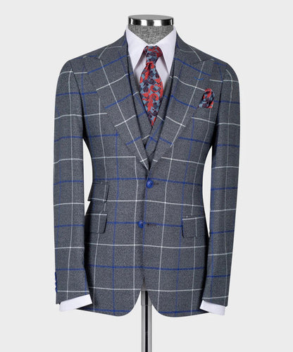 KOSS ATELIER grey and blue windowpane 3-piece suit on mannequin with white shirt red patterned tie and pocket square