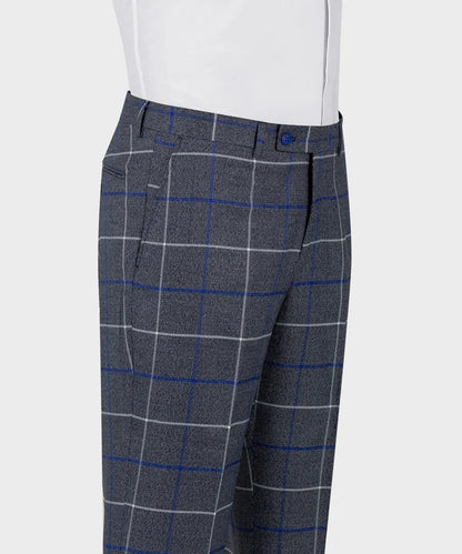 KOSS ATELIER grey and blue windowpane 3-piece suit tailored trousers on mannequin with white shirt and suspenders