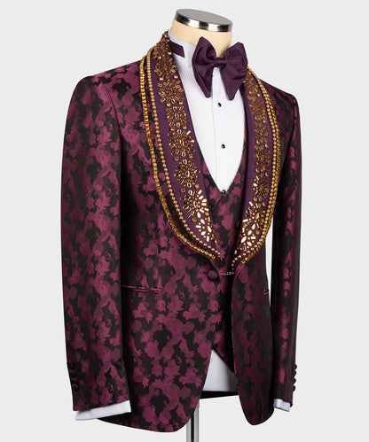 Plum and black patterned jacket with gold embroidered shawl lapel vest and purple bow tie handmade royal tuxedo for men