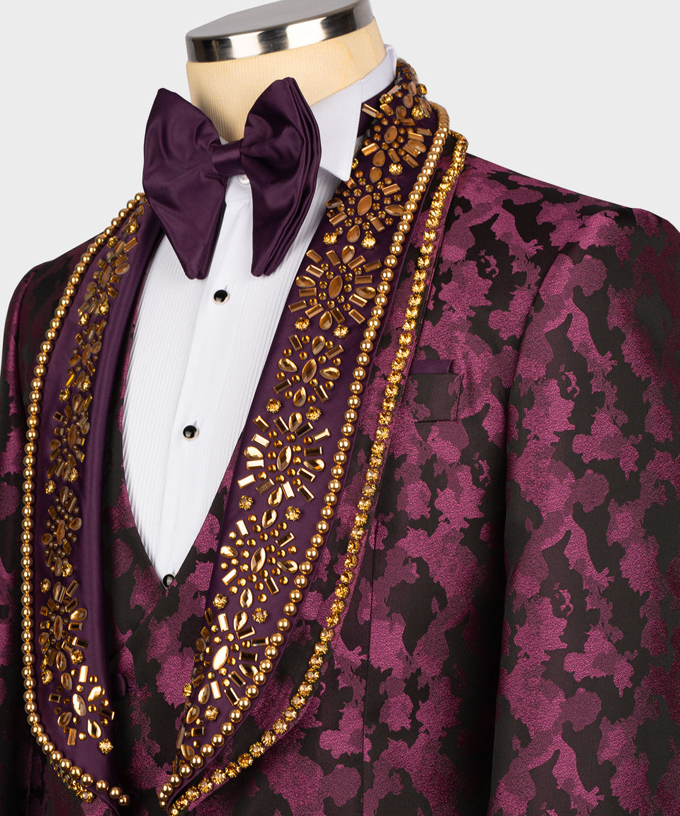 KOSS ATELIER handmade royal tuxedo for men purple brocade jacket with jeweled gold shawl collar and bow tie