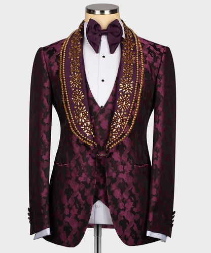 KOSS ATELIER handmade royal tuxedo for men burgundy jacquard jacket with gold embellished shawl lapel and bow tie