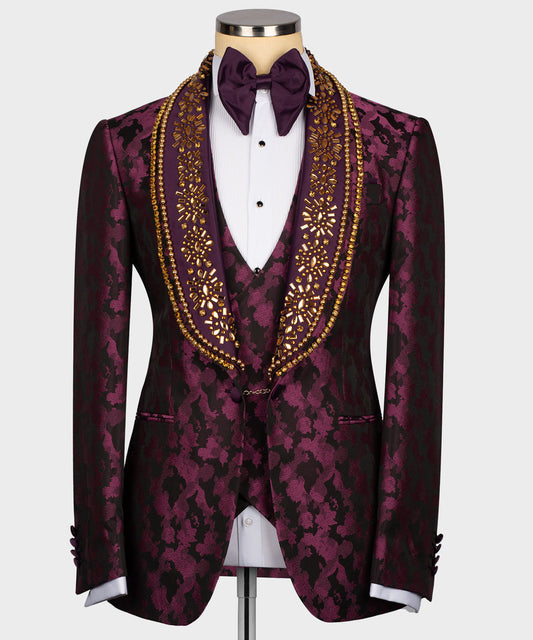 KOSS ATELIER handmade royal tuxedo for men burgundy jacquard jacket with gold embellished shawl lapel and bow tie