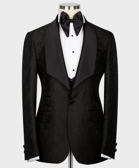 KOSS ATELIER black embossed tuxedo for men with satin shawl lapel white shirt and bow tie on mannequin