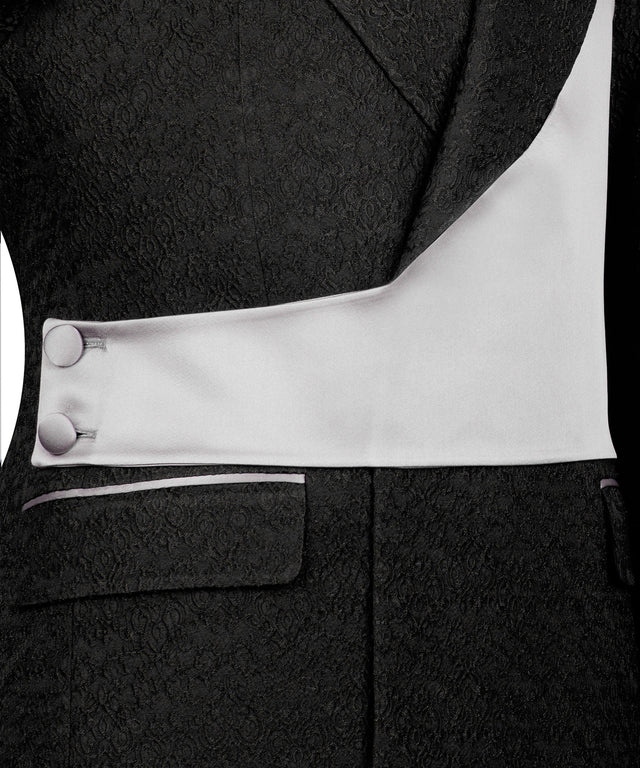 KOSS ATELIER gray and black double-breasted tuxedo with textured black fabric and light gray waist sash detail
