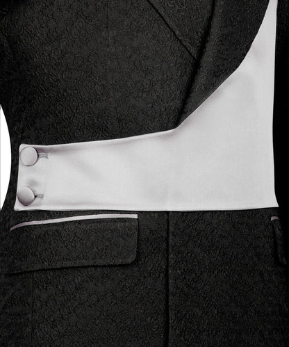 KOSS ATELIER gray and black double-breasted tuxedo with textured black fabric and light gray waist sash detail