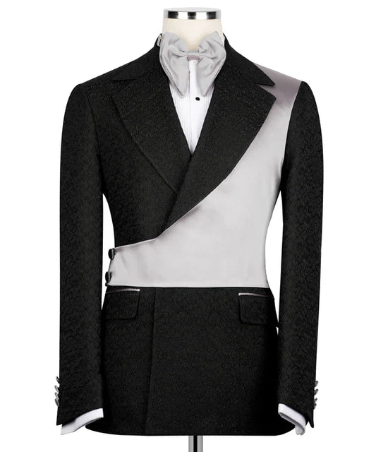 KOSS ATELIER gray and black double-breasted tuxedo with satin waist sash and silk bow tie